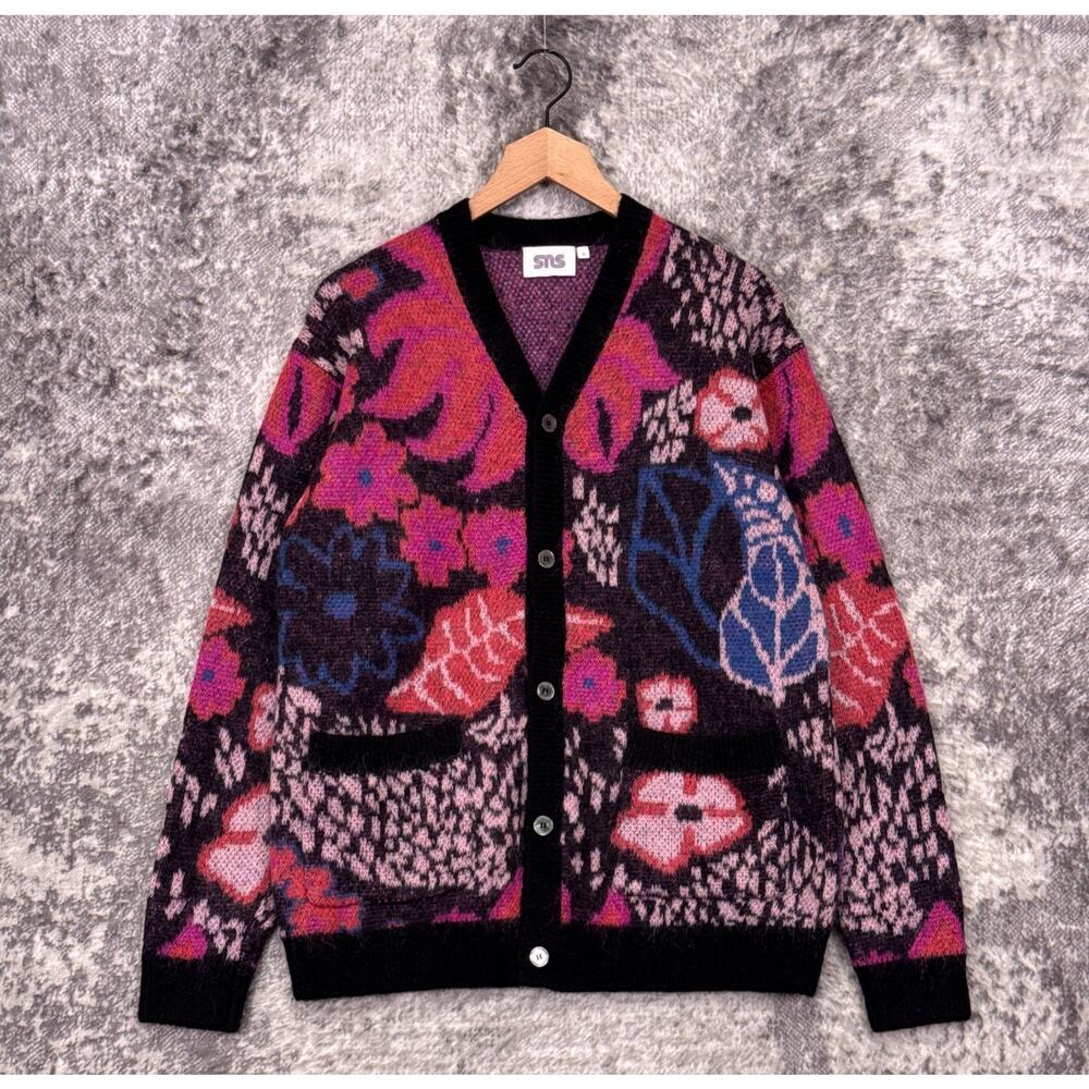 Sneakersnstuff SNS Sweater Small Mens Mohair Wool Knit Floral Cardigan
